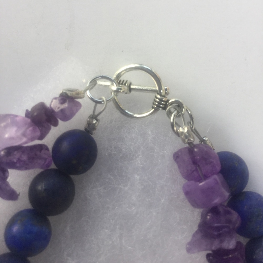 Lapis Lazuli Amethyst Sterling Buddha Bracelet - Picture 7 of 8